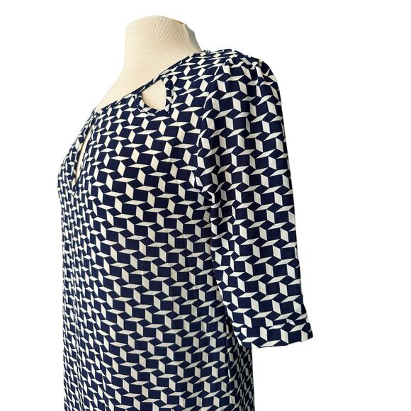 Needle and Thread Knee Length Cut Out Neck Blue White Geo Print Shift Dress Med - Picture 3 of 7
